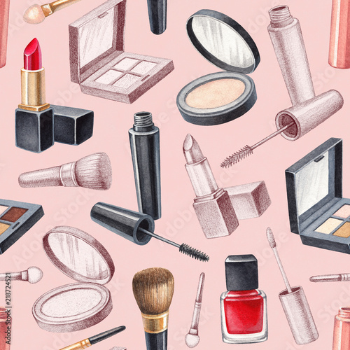 Illustrations of make up products. Hand drawn cosmetics set. Seamless pattern