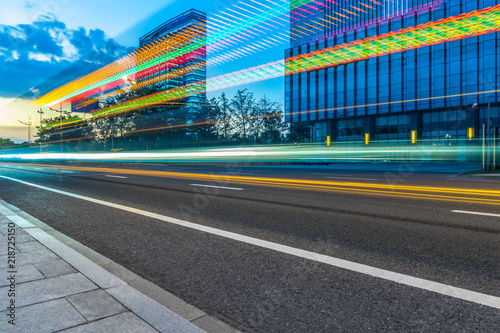 the light trails on the modern building background.