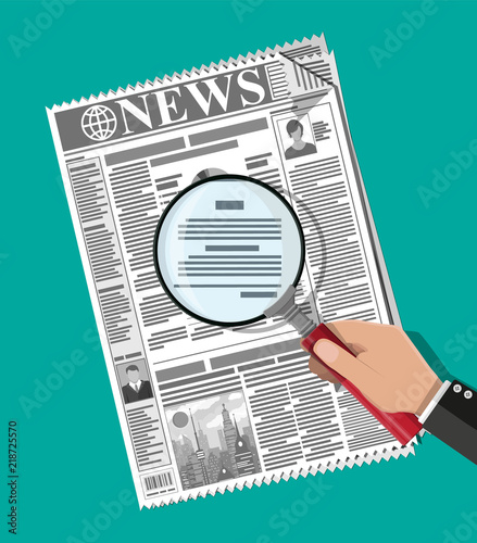 Businessman hand holding magnifying glass over newspaper with titles and photo. News journal design. Pages with various headlines, images, quotes, text and articles. Vector illustration flat style.