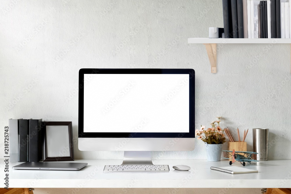 Fototapeta premium Designer Loft workspace with mockup desktop computer and poster. workplace and copy space.