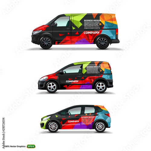 Mocup set with advertisement on Black Car, Cargo Van, and delivery Van.