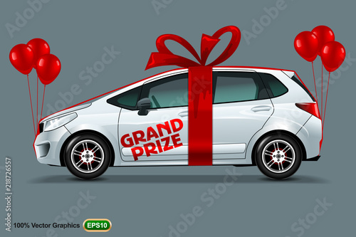 White Car with red bow and balloons isolated on a grey background, with an inscription Grand Prize.