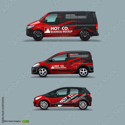 Mocup set with advertisement on Black Car, Cargo Van, and delivery Van.
