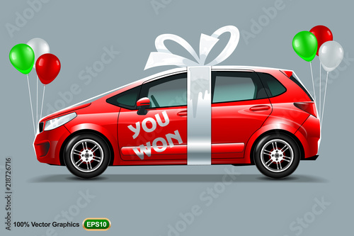 Red Car with white bow and color balloons, isolated on a grey background, with an inscription You Won.