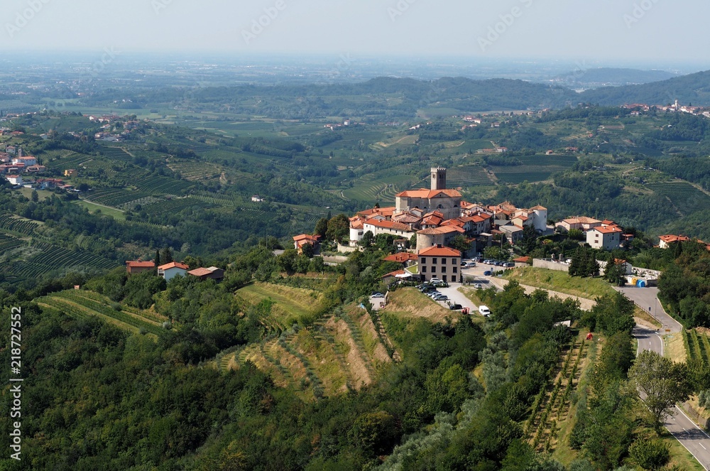 Aerial view and townscape of Smartno, beautiful medieval village on top of a hill in the Brda region of Slovenia