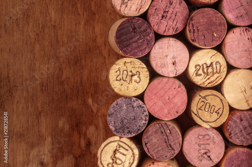 Wine corks background, overhead photo of red and white wine corks with copy space