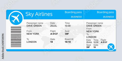 Plane ticket template. Airplane flight ticket blank. Boarding pass. Vector illustration.