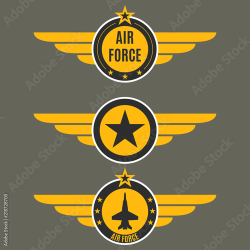 Air force badge set. Airforce logo with wings and star. Army and military emblem. Vector illustration.