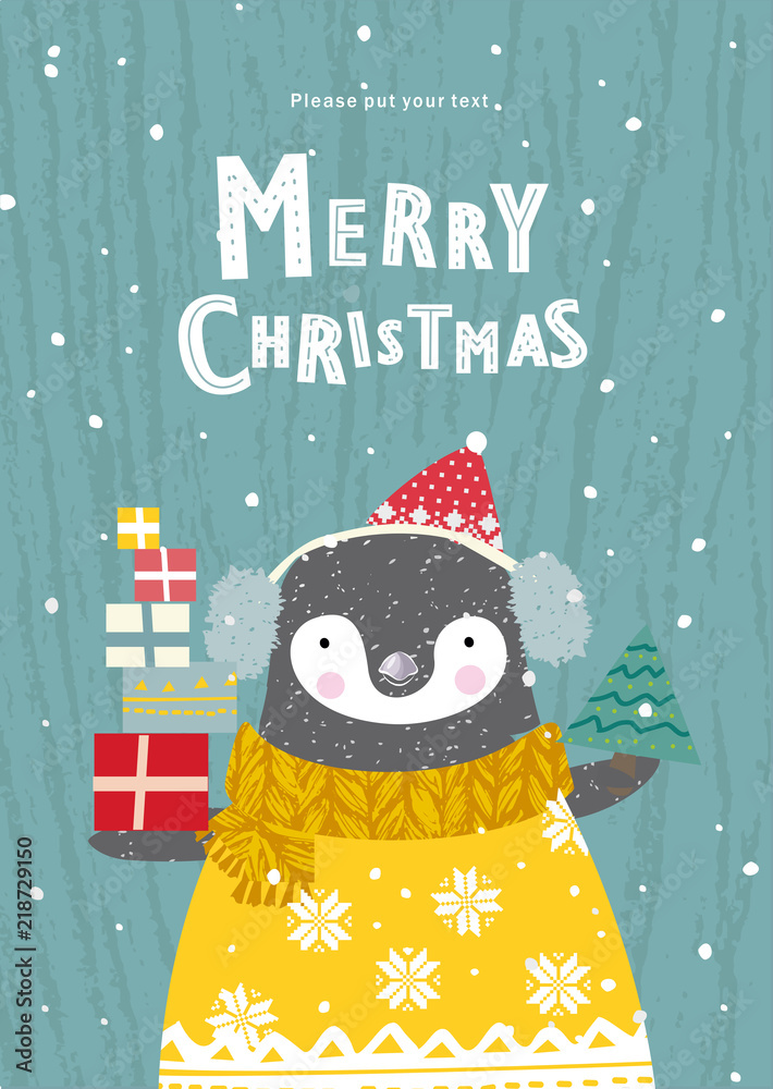 Plakat merry christmas, cute card for congratulations happy new year, vector flat stylized illustration of Santa Claus penguin character in hat with scarf, Christmas tree and gifts under the snow