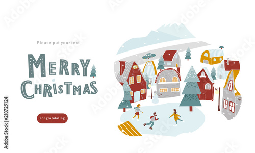 merry christmas, new year card for congratulations happy new year, vector flat illustration of winter street with houses, skating rink, lanterns, herringbone and people