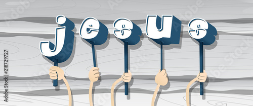 Diverse hands holding letters of the alphabet created the word Jesus. Vector illustration.