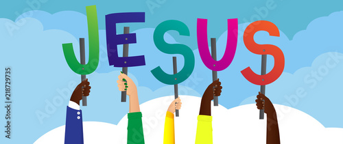 Diverse hands holding letters of the alphabet created the word Jesus. Vector illustration.