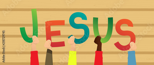 Diverse hands holding letters of the alphabet created the word Jesus. Vector illustration.