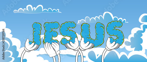 Diverse hands holding letters of the alphabet created the word Jesus. Vector illustration.