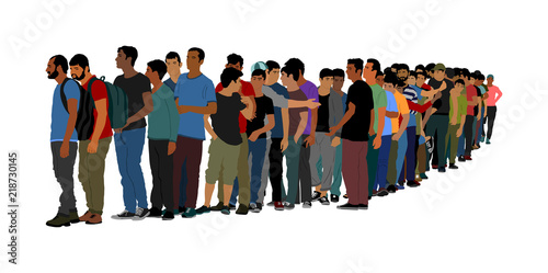 Group of people waiting in line vector isolated on white background. Group of refugees, migration crisis in Europe. Turkey war migration waves going through Schengen Area. Border situation in EU.