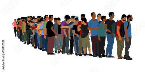 Group of people waiting in line vector isolated on white background. Group of refugees, migration crisis in Europe. Turkey war migration waves going through Schengen Area. Border situation in EU.