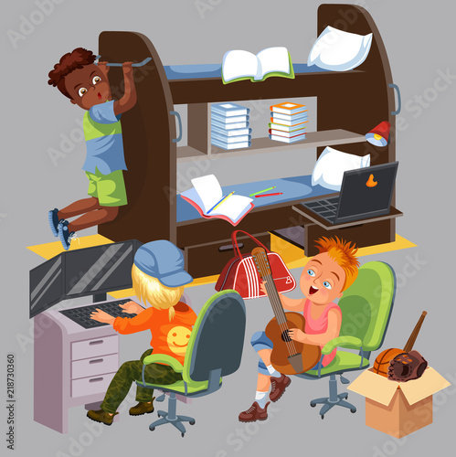 Boys dorm room colorful poster. University students living in dormitory together vector illustration