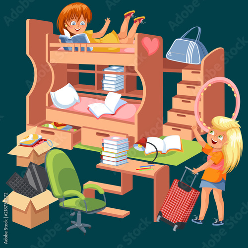 Girls dorm room flat poster. Dormitory interior design with workspace for homework table chair lamp stationery books and bunk bed vector illustration