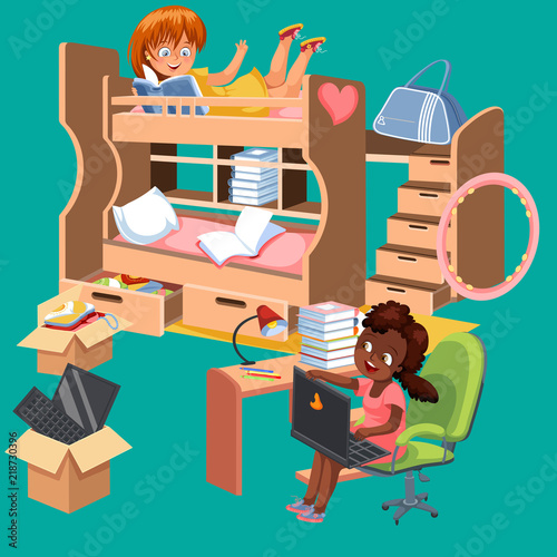 Girls dorm room flat poster. Dormitory interior design with workspace for homework table chair lamp stationery books and bunk bed vector illustration.