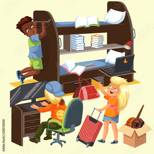 Students frat house colorful poster with roommates boys and girl with suitcase moving to her new dorm room vector illustration