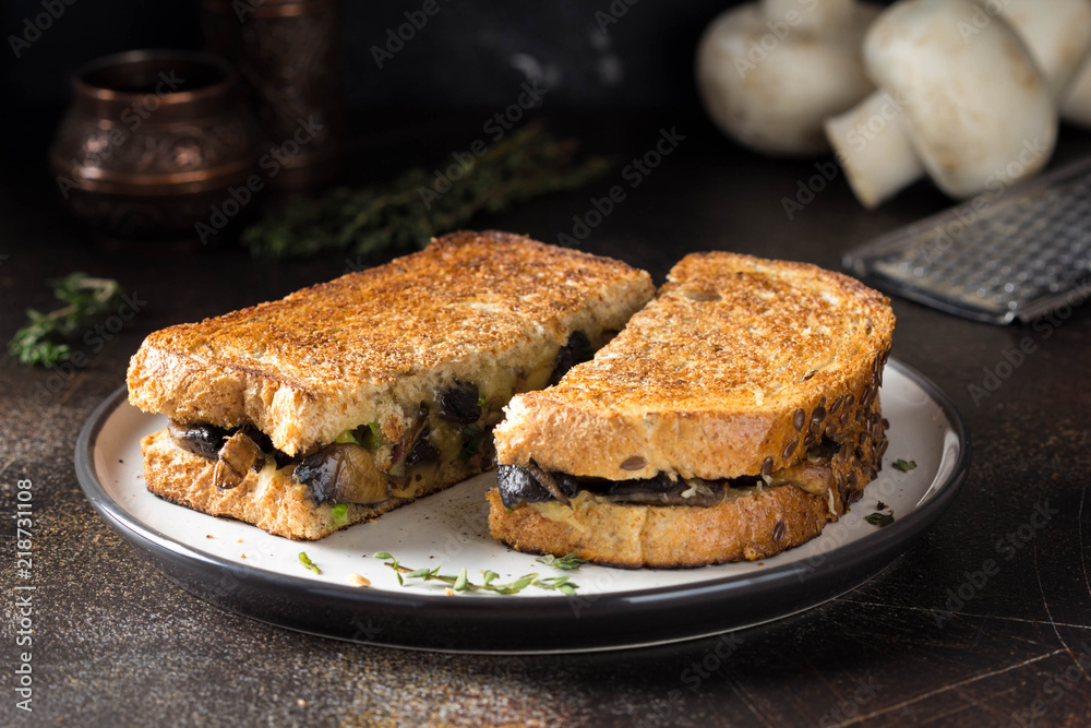 Hot sandwich with mushrooms, cheese and green onions, delicious lunch, autumn food. Dark background