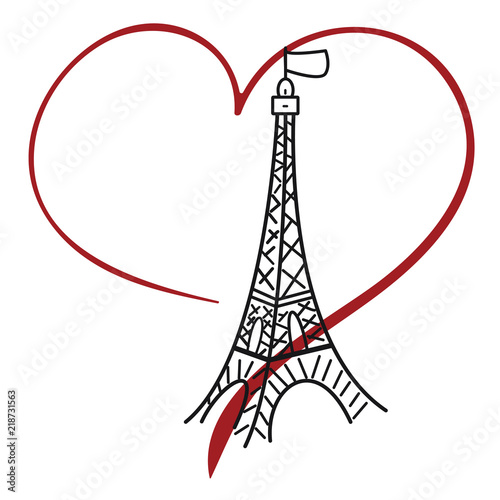 Paris eiffel tower logo on white background hand drawing heart