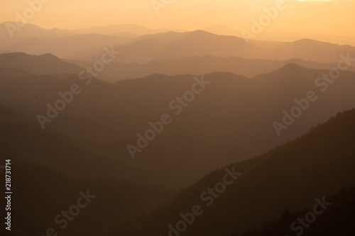 Misty mountains during sunset
