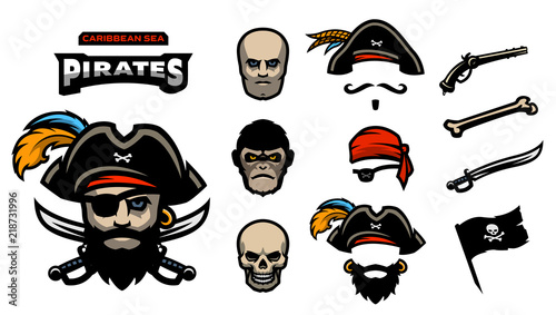 A set of elements for creating pirated logos. Hats, bandana, mustache, beard. Pistols, bones, sabers and a pirate flag. photo