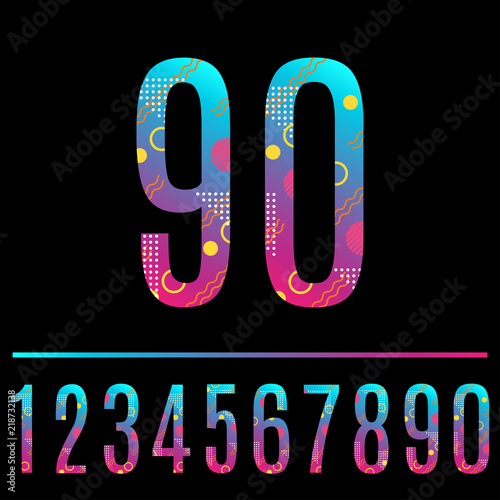 Modern abstract number. Colorful number 90 with geometric texture. Anniversary, birthday, greeting card, poster and banner design element. Vector illustration.