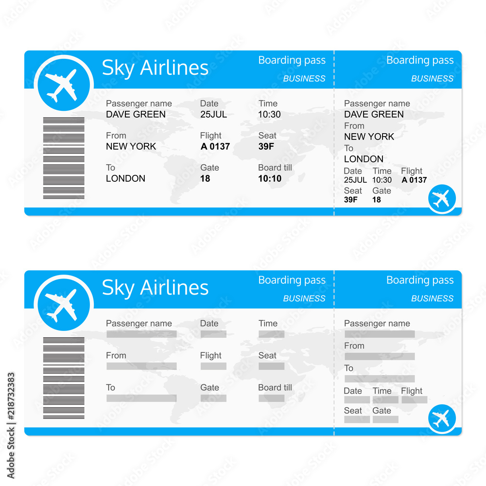 Vecteur Stock Plane ticket template. Airplane flight ticket realistic  blank. Boarding pass. Vector illustration. | Adobe Stock