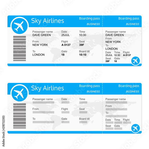 Plane ticket template. Airplane flight ticket realistic blank. Boarding pass. Vector illustration.