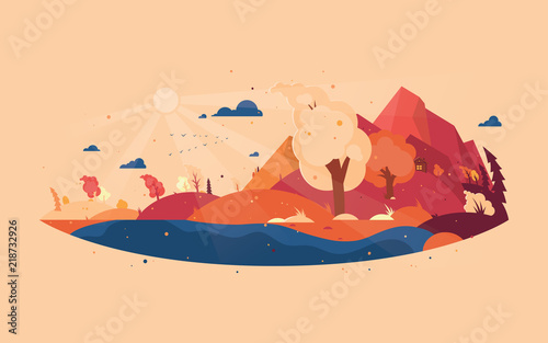 Panoramic of wild landscape in autumn. Background with autumn landscape mountains, house and trees with flying yellow foliage. Windy weather.