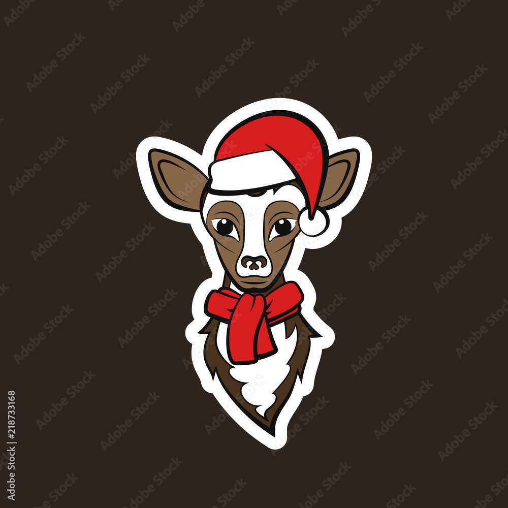 Fototapeta premium Head of a young deer. Drawing on a black background. Vector illustration sticker. Christmas animals.