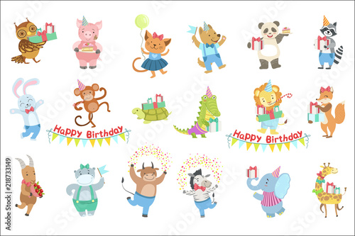 Humanized Animal Characters Attending Birthday Party Celebration Set