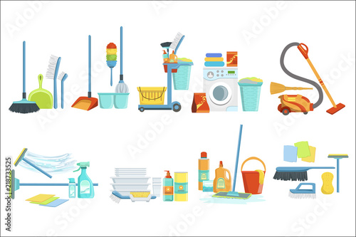 Cleaning Household Equipment Sets. Clean Up Special Objects And Chemicals Compositions Collection Of Realistic Objects. Flat Vector Drawings