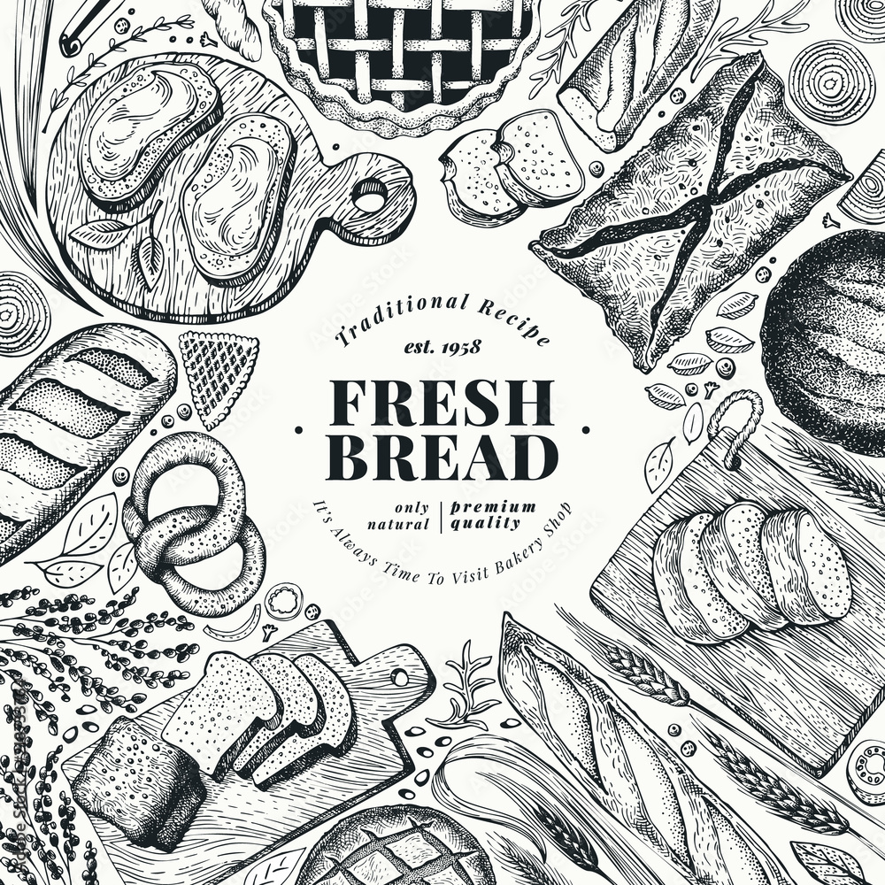 Bakery top view frame. Hand drawn vector illustration with bread and ...