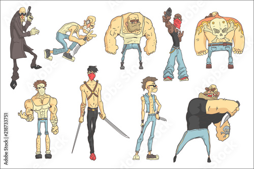 Dangerous Criminals Set Of Outlined Comics Style Illustrations