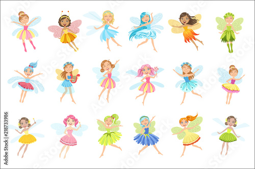Cute Fairies In Pretty Dresses Girly Cartoon Characters Set photo