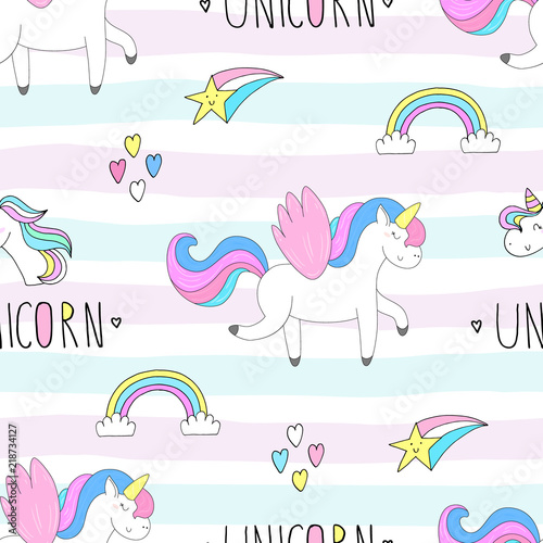 Cute hand drawn unicorn vector pattern. vector illustration