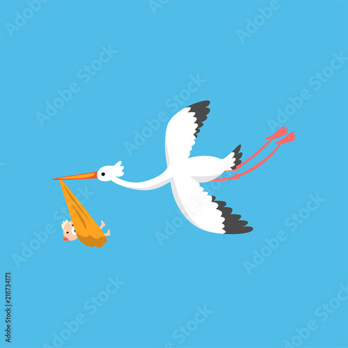Stork delivering cute newborn baby, flying bird carrying a bundle, template for baby shower banner, invitation, poster, greeting card vector Illustration