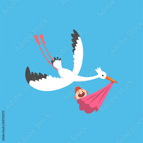 White stork delivering a newborn baby, flying bird carrying a bundle with baby girl, template for baby shower banner, invitation, poster, greeting card vector Illustration