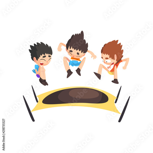 Boys jumping on trampoline, bouncing kids having fun on trampoline vector Illustration on a white background