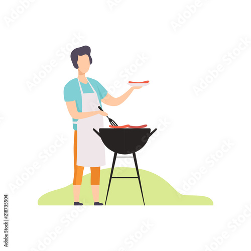 Young man cooking sausages on barbecue grill vector Illustration on a white background