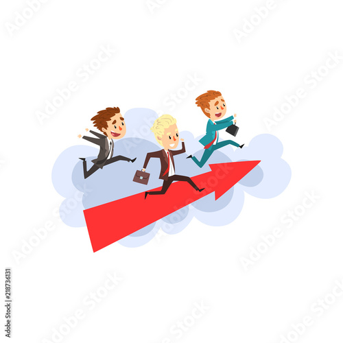 Businessmen running together on big arrow in clouded sky, competition in achieving the goal, business, career development concept vector Illustration on a white background