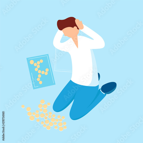Person thinks about money and collects coins vector flat illustration for infographic design. Confused man looking at the applique from needless funds cartoon character.