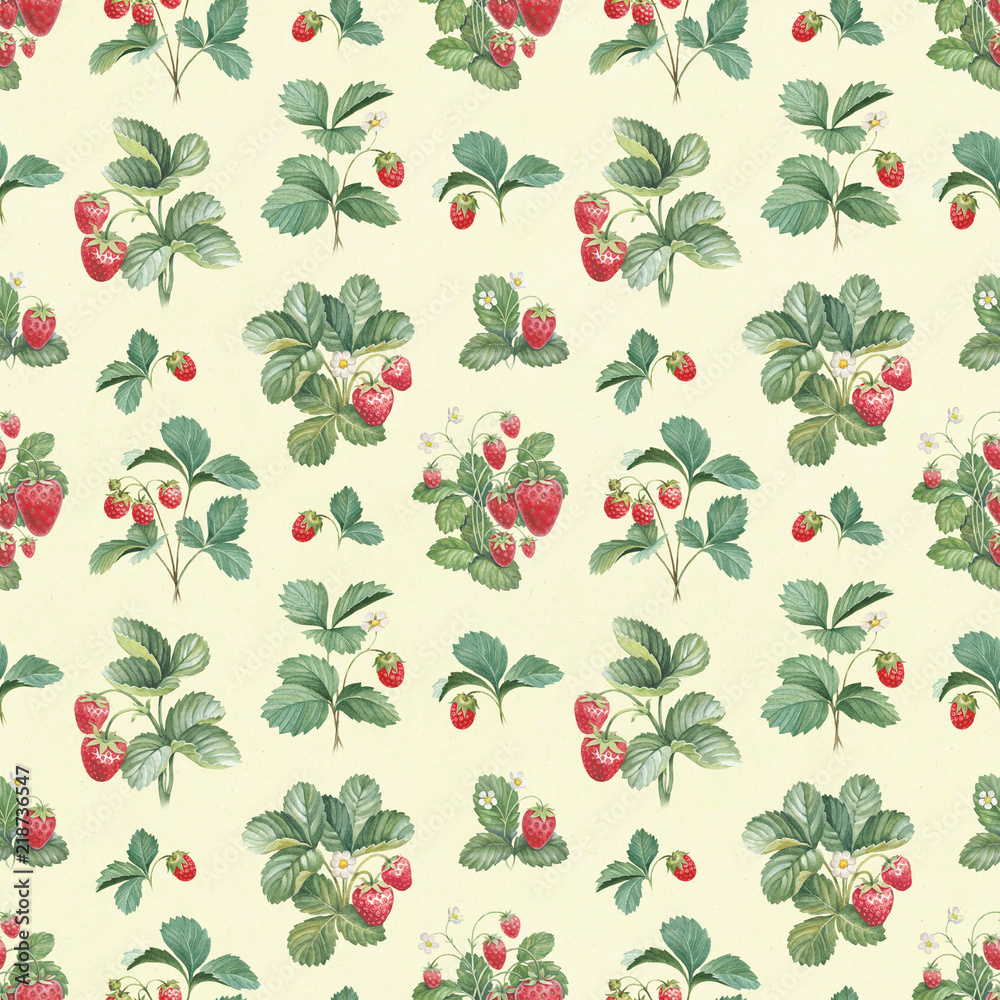 Watercolor illustration of strawberry bush. Seamless pattern