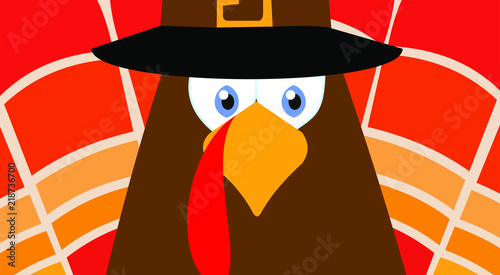 Happy Thanksgiving Day vector illustration design greeting card poster. Red feather turkey pilgrim hat character. Cute cartoon drawing. Big scale face. No text.