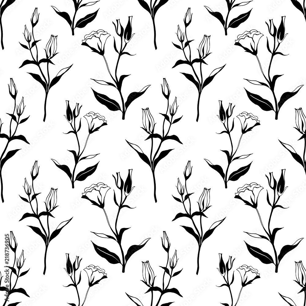 Black and white floral seamless pattern with eustomia flowers in hannd drawn sketch style. Vintage illustration on white background.