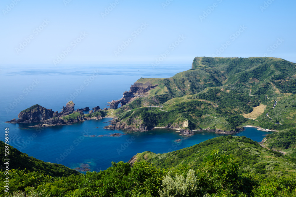 Matengai Cliff and Tsuutenkyou Arch from Akao Lookout in Oki Island Japan