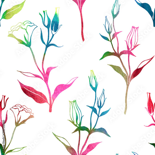 Colorful floral seamless pattern with eustomia flowers in hannd drawn watercolor style. Vintage illustration on white background